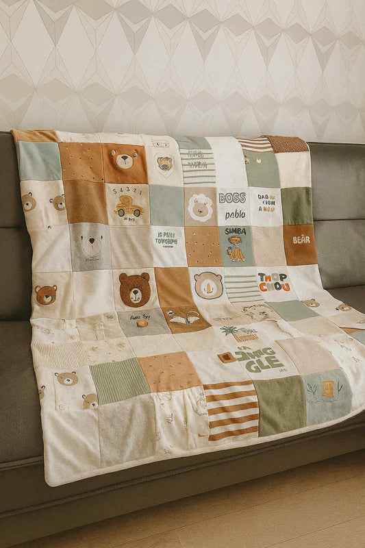 Couverture souvenir lit 1 personne 105 par 150 cm fabriqué avec les vêtements de bébé